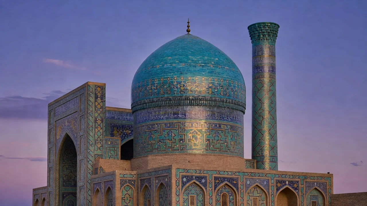 Samarqanddagi Registon maydoni kechki quyoshda