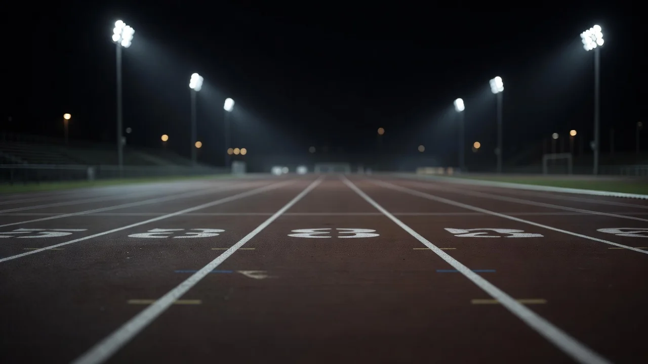 Neon chiziqlar bilan yoritilgan bo'sh arena — raqamli sportning uyi