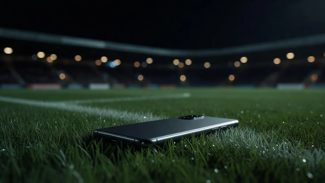 Futbol maydonining chekkasida yotgan smartfon