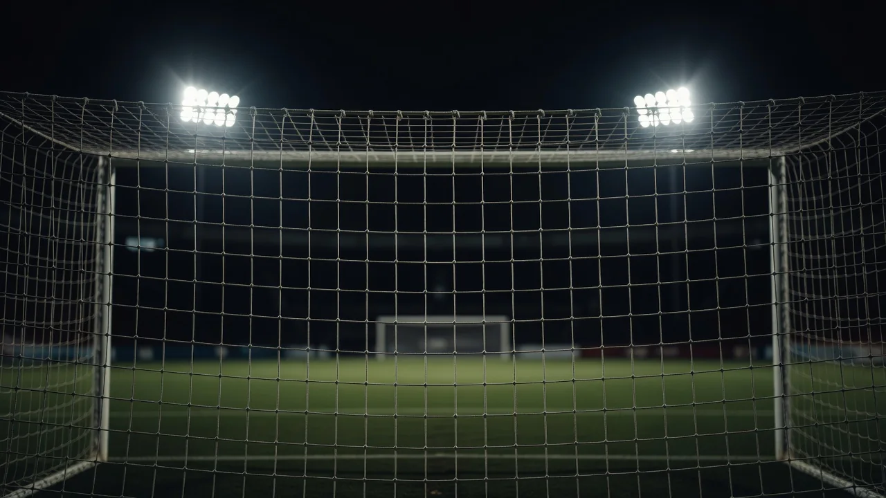 Orqadan olingan futbol darvoza to'ri tungi chiroqlar ostida
