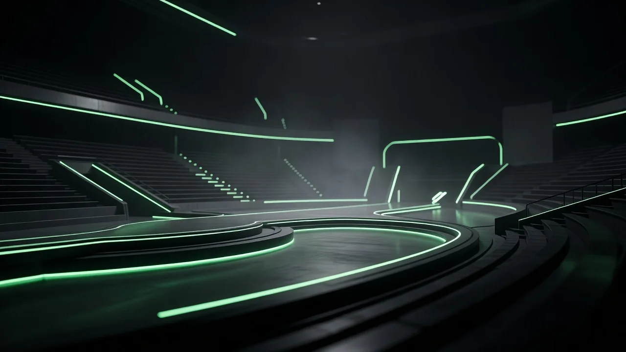 Neon chiziqlar bilan yoritilgan bo'sh futuristik arena